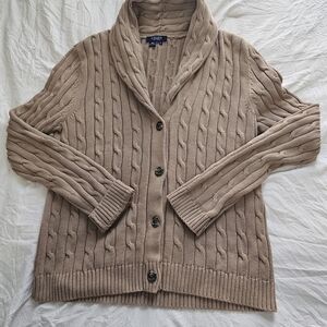 Chaps Cable Knit Cardigan – Large – Camel Shawl Collar Sweater